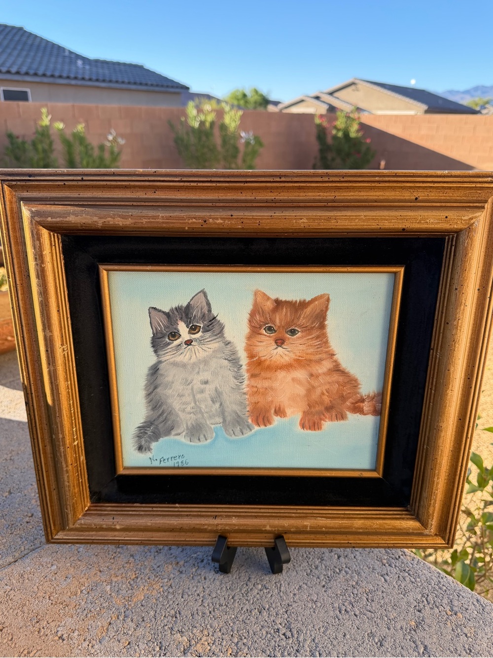 N. Ferrero Framed Two Cat Painting Artwork, Signed & Dated 1986